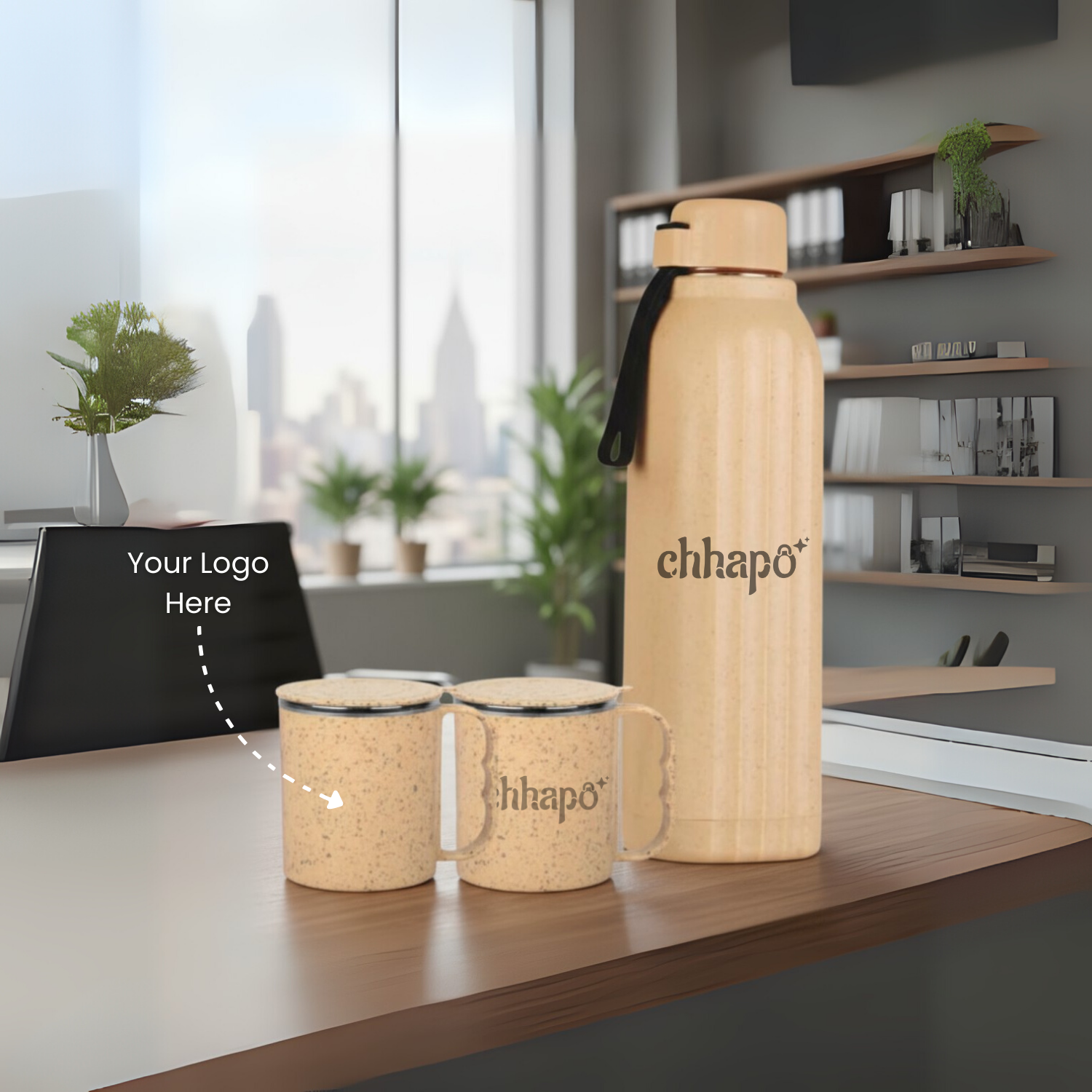 Insulated Square Eco Steel bottle with 2 Eco Steel cups Gift Set