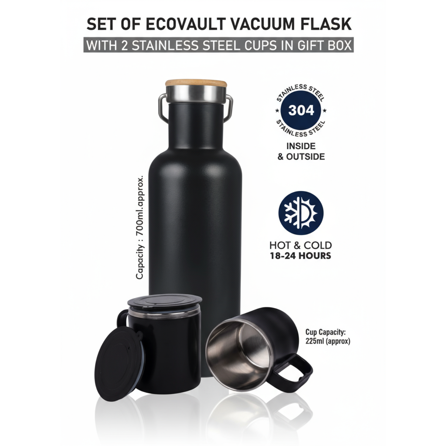 EcoVault Vacuum Flask with 2 Stainless steel cups in Gift box