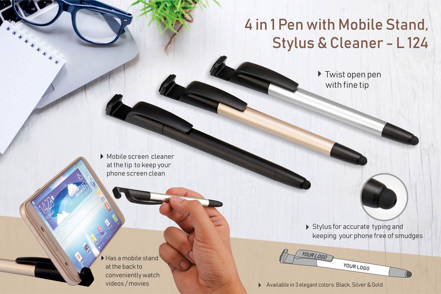 4 in 1 Pen with Mobile Stand with Stylus