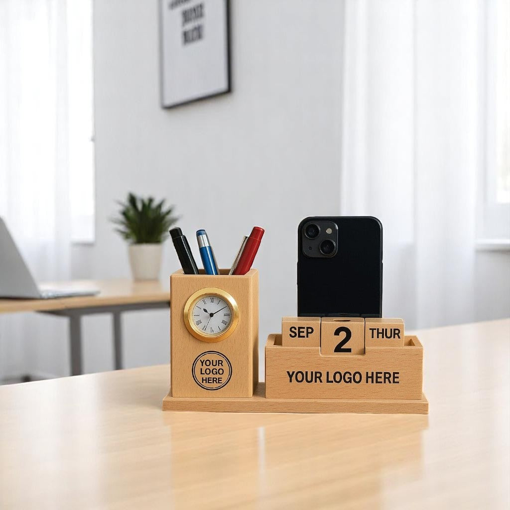 Wooden Desk Organizer with Clock and Calendar