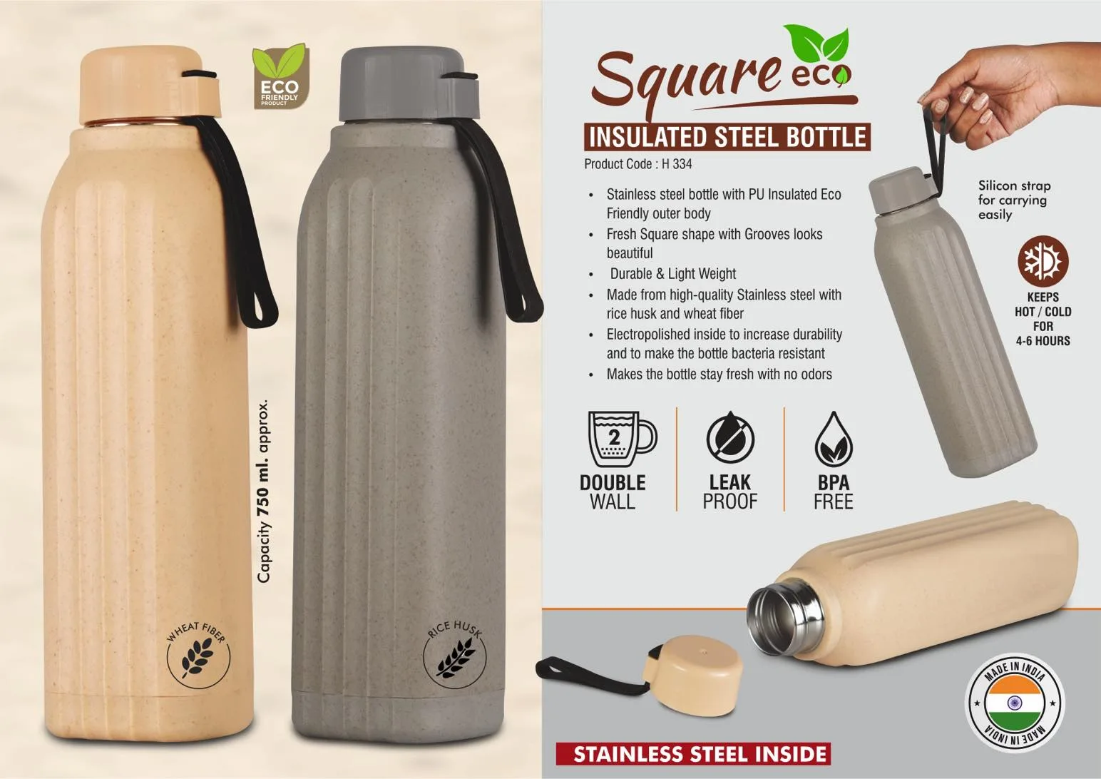 
Eco Friendly Insulated Steel Wheat Fiber Bottle