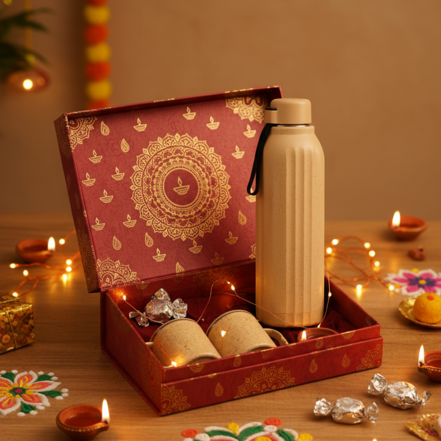 Insulated Square Eco Steel bottle with 2 Eco Steel cups Gift Set