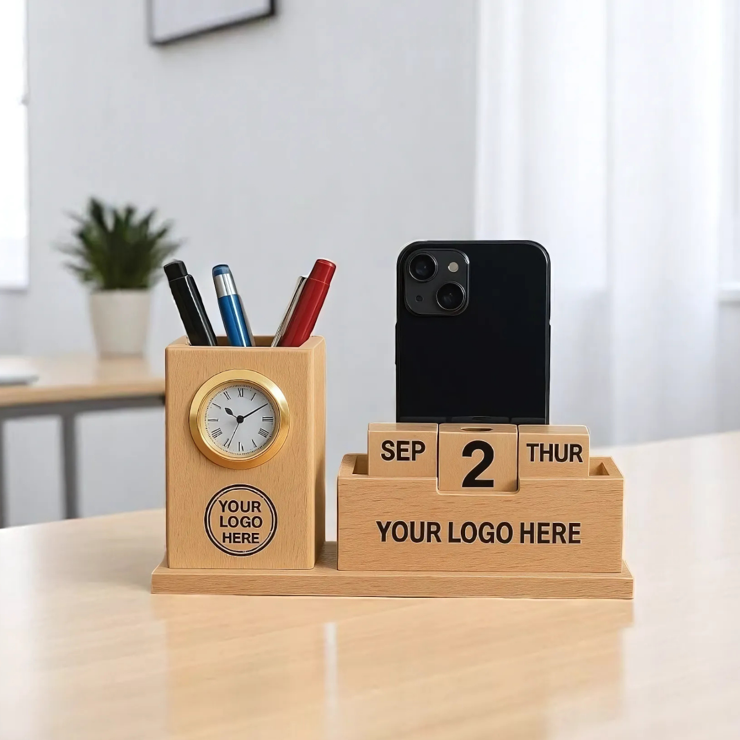 Wooden Desk Organizer with Clock and Calendar