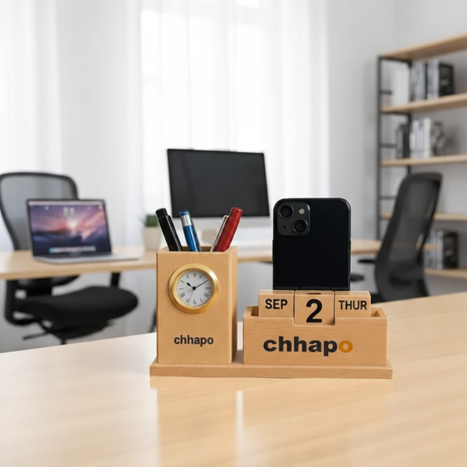 Wooden Desk Organizer with Clock and Calendar