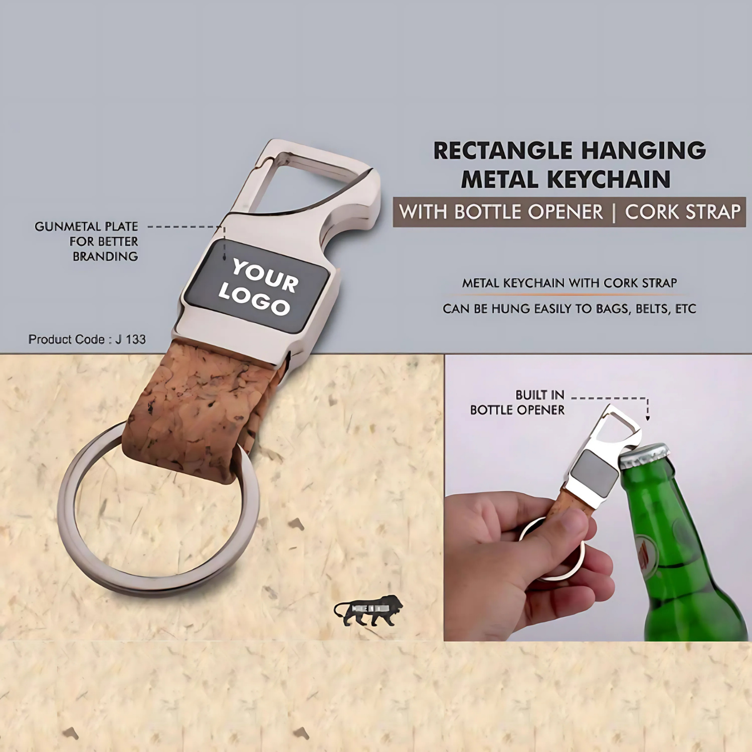 Cork strap hanging metal keychain