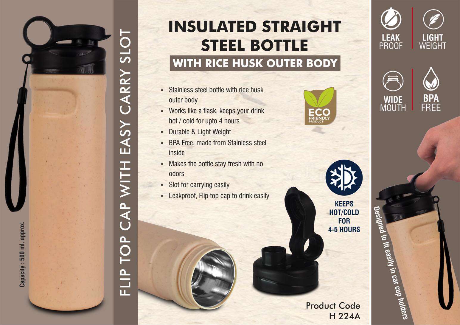 Rice husk Insulated Straight Steel bottle