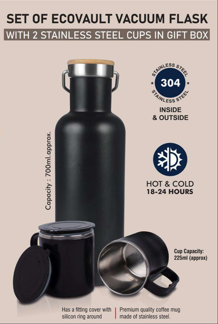 EcoVault Vacuum Flask with 2 Stainless steel cups in Gift box