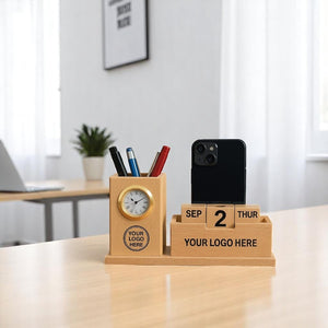 Wooden Desk Organizer with Clock and Calendar