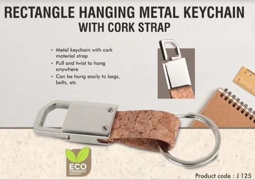 Rectangle hanging metal keychain with Cork strap
